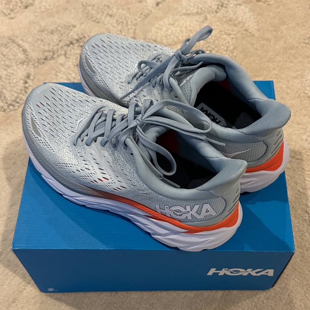 Hoka Clifton 8 Light Gray/Blue Athletic Shoes